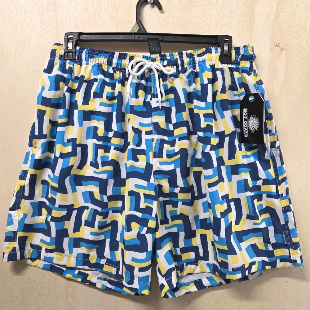 Hot‎ Coals Mens XL Swim Trunks Blue Yellow Geometric Maze Quick Dry UPF 50+ NWT